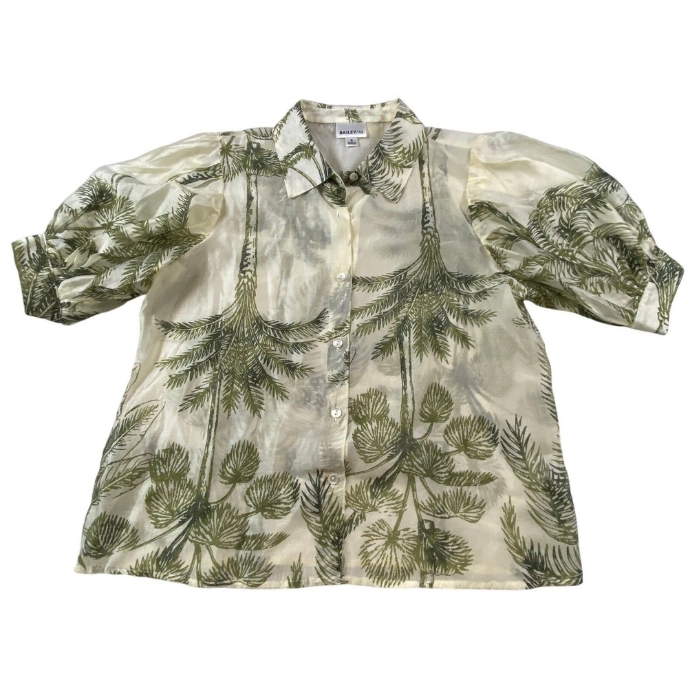 Bailey 44‎ Women Small Cream Green Palm Tree Puff Sleeve Lyocell Blouse Top